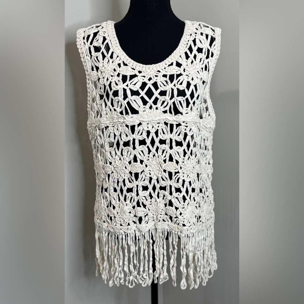 Ivory‎ Crochet Fringe Tank S/M Boho Coastal Cottagecore Top